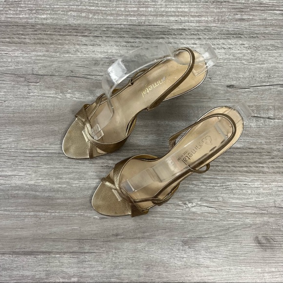 Gunmetal Made in Italy Gold Strap Open Toe Sandals Heels SIZE 39 - Picture 2 of 7